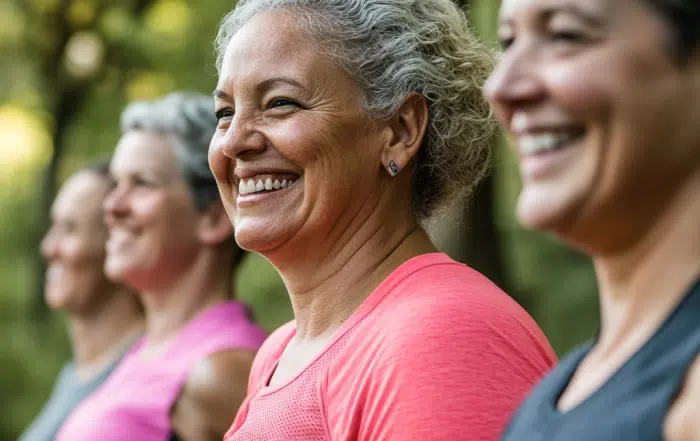 women smiling at outdoor workout class