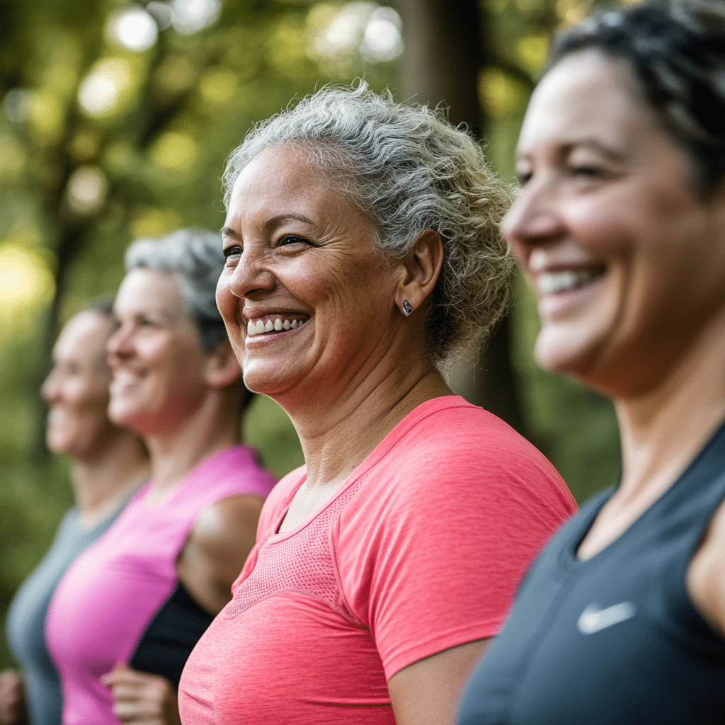 women smiling at outdoor workout class